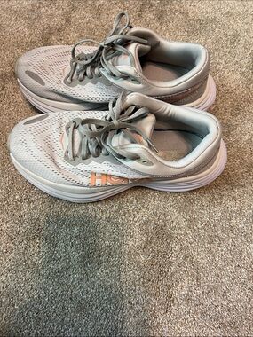 Hoka One One Women’s Running Shoes in Light Gray with Peach Accents